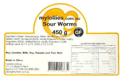 Nutrition Info GF Sour Neon Worms 450g