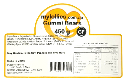 Nutrition Info GF Gummi Bears 450g