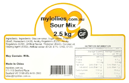 Nutrition Label GF Sour Mix 2.5kg